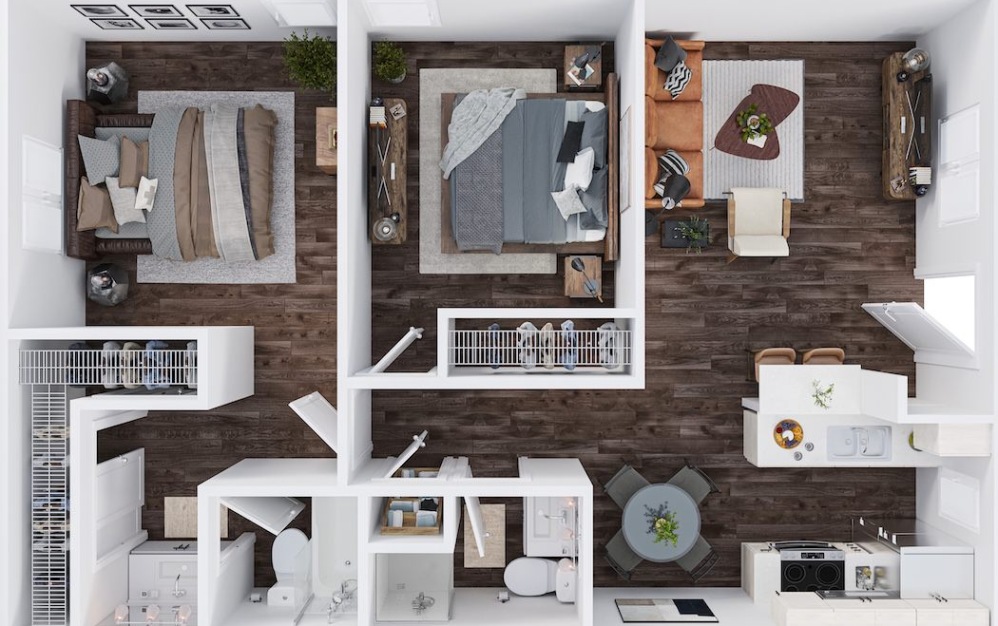 Two Bedroom - 2 bedroom floorplan layout with 2 bathrooms and 835 square feet